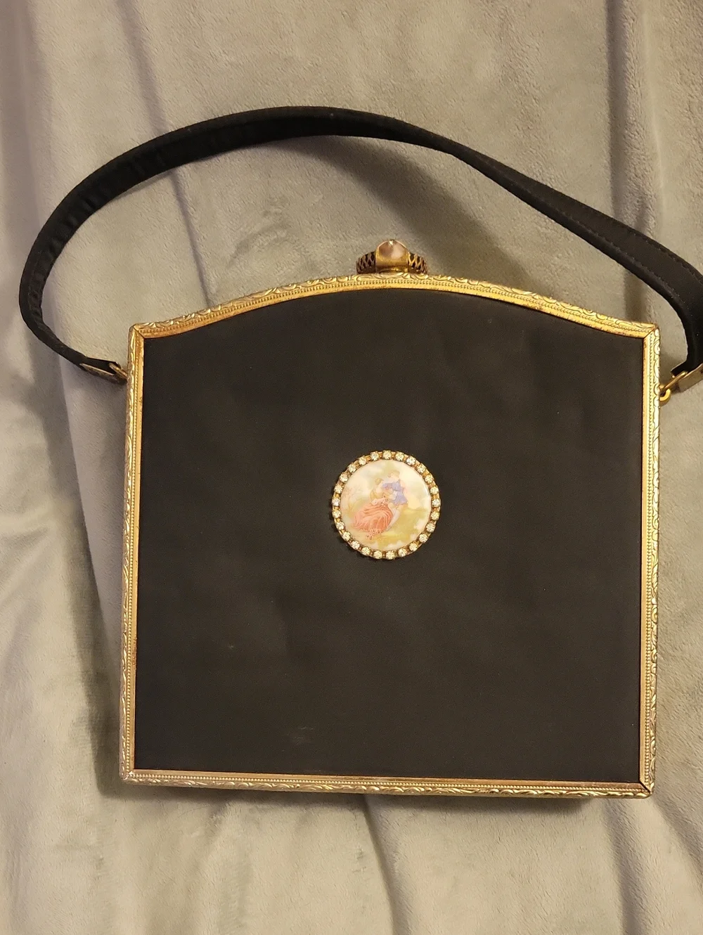 Vintage-Inspired Black Satin Handbag with Gold Trim